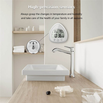 Silent Digital Alarm Clock with Suction Cup Waterproof Countdown Timer Temperature Humidity Sensor