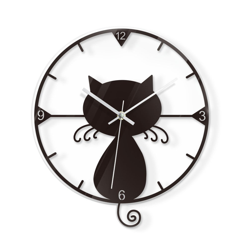 Clear Acrylic Black Cat Wall Clock Silent Non-Ticking Clock (No Battery) for Kids Bedrooms Living Room