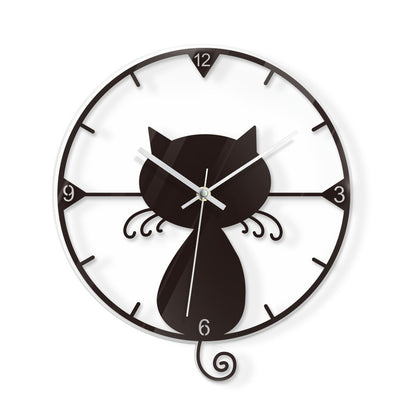 Clear Acrylic Black Cat Wall Clock Silent Non-Ticking Clock (No Battery) for Kids Bedrooms Living Room