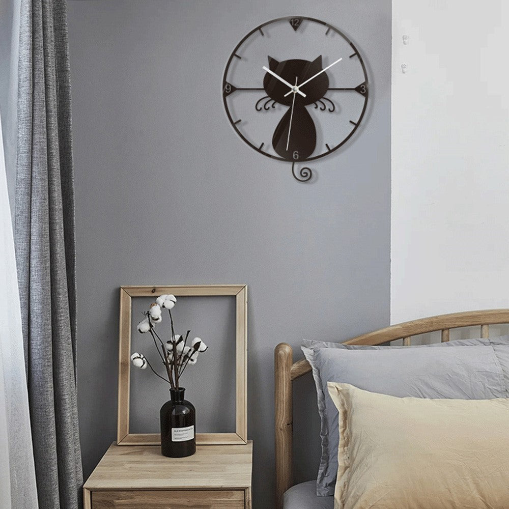 Clear Acrylic Black Cat Wall Clock Silent Non-Ticking Clock (No Battery) for Kids Bedrooms Living Room