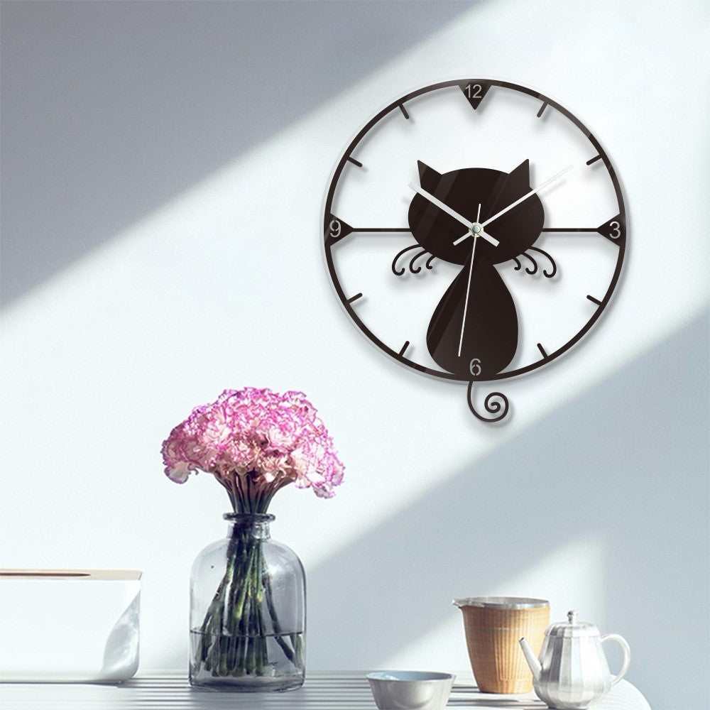 Clear Acrylic Black Cat Wall Clock Silent Non-Ticking Clock (No Battery) for Kids Bedrooms Living Room