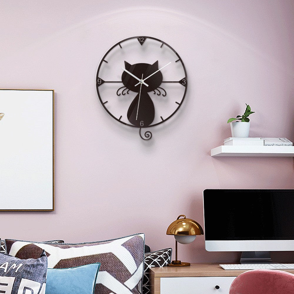 Clear Acrylic Black Cat Wall Clock Silent Non-Ticking Clock (No Battery) for Kids Bedrooms Living Room