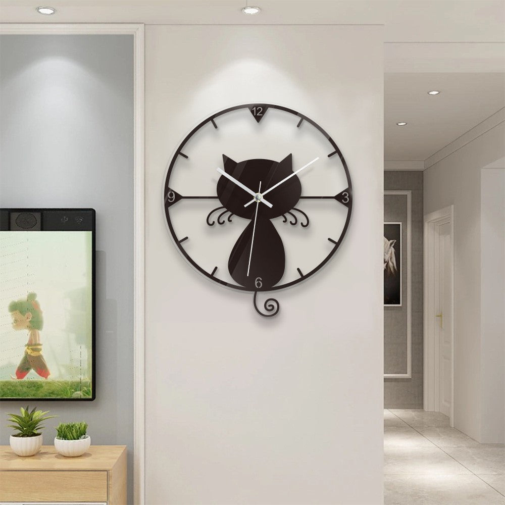 Clear Acrylic Black Cat Wall Clock Silent Non-Ticking Clock (No Battery) for Kids Bedrooms Living Room
