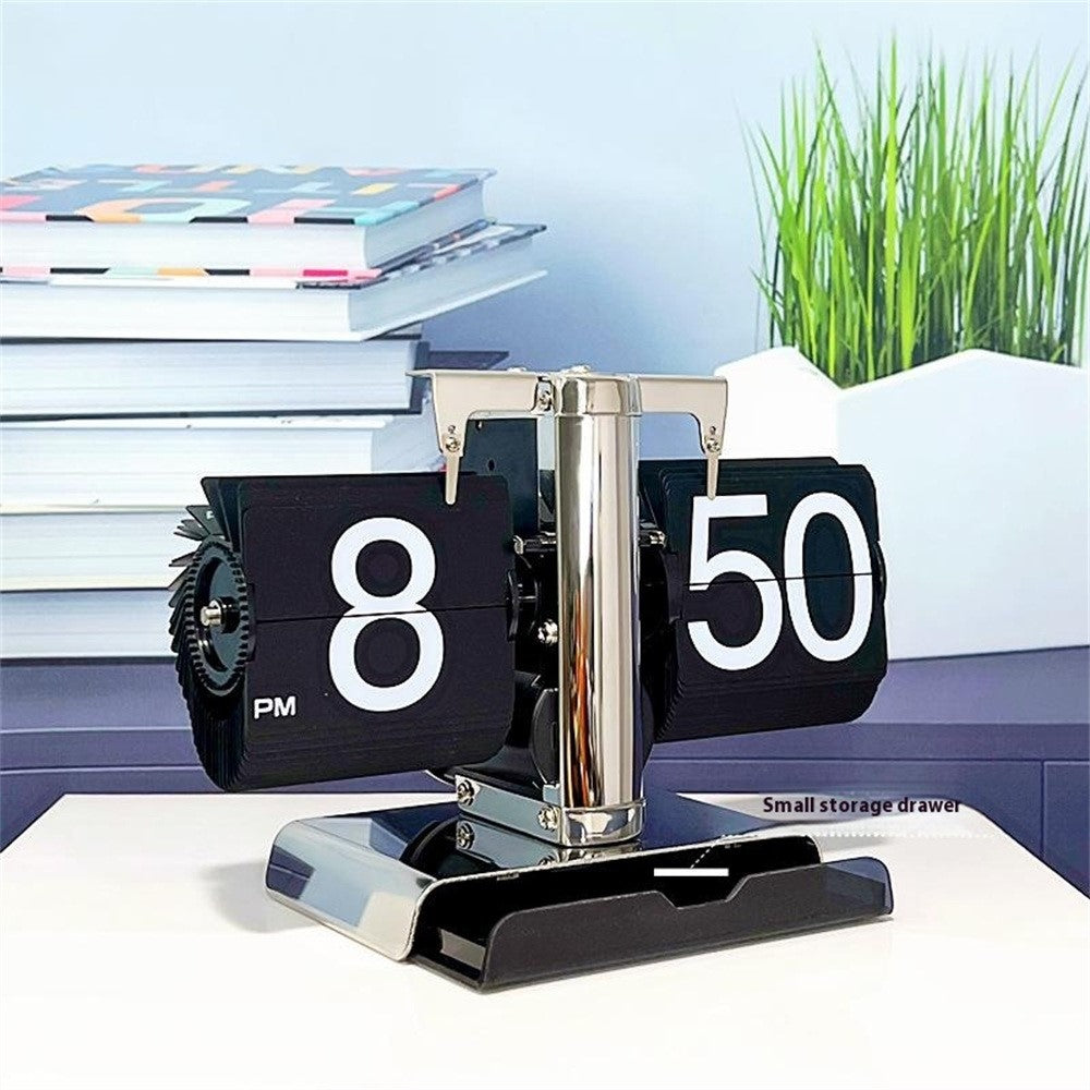 Auto Flip Down Clock with Storage Drawer Vintage Style Balance Mechanical Desk Clock for Living Room