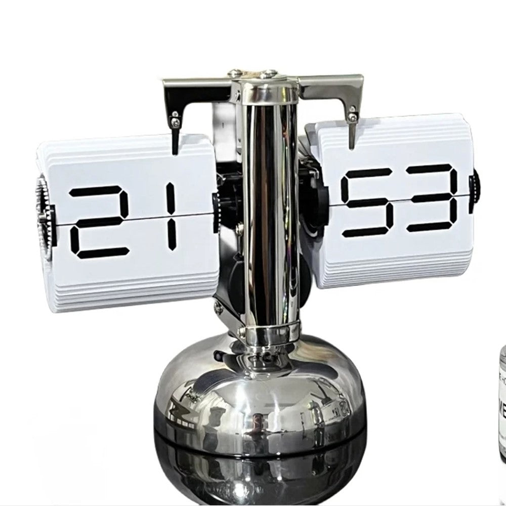 Automatic Flip Clock Quartz Movement Single Foot Retro Simple Home Table Clock 24-Hour Stainless Steel White Page Digital Font