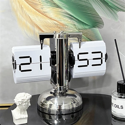 Automatic Flip Clock Quartz Movement Single Foot Retro Simple Home Table Clock 24-Hour Stainless Steel White Page Digital Font