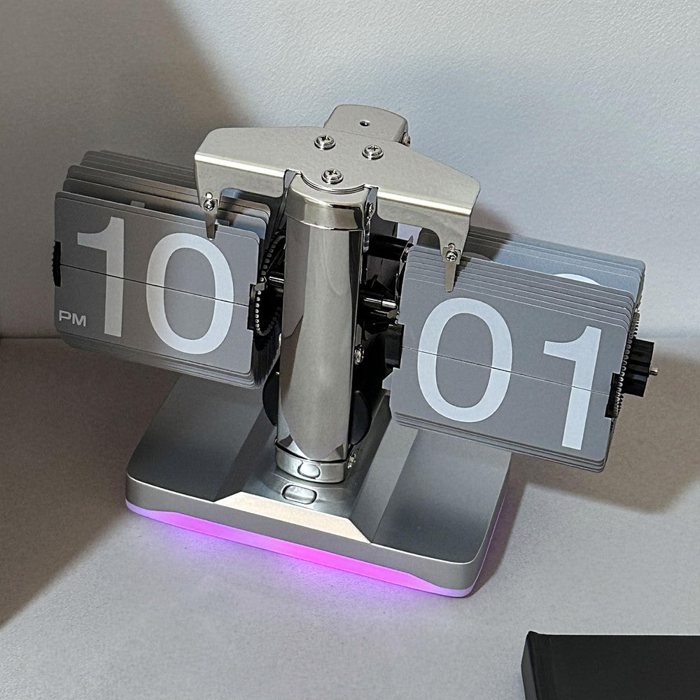Automatic Flip Clock Retro Simple Home Table Clock Single Foot Stainless Steel Quartz Movement Flip Clock with Night Light