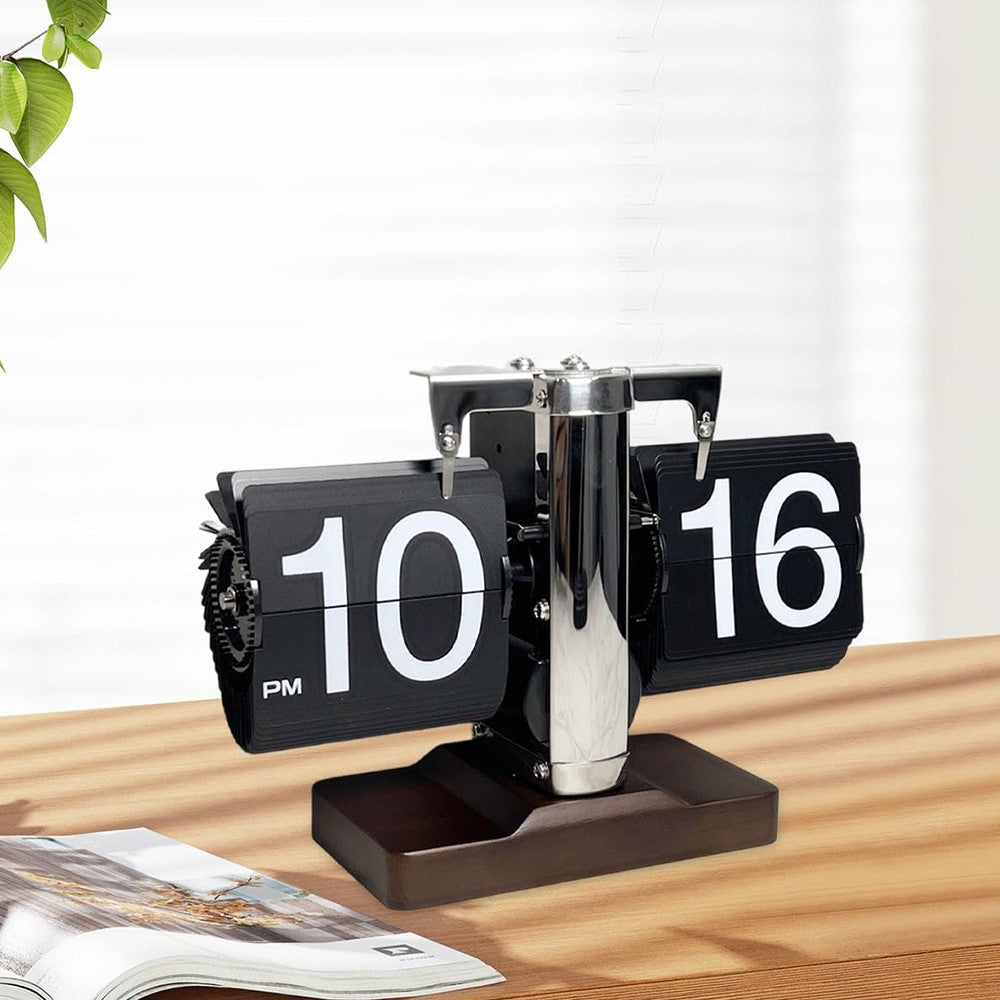 Auto Flip Clock Retro Table Clock Living Room Balance Mechanical Flip Clock with Walnut Square Base