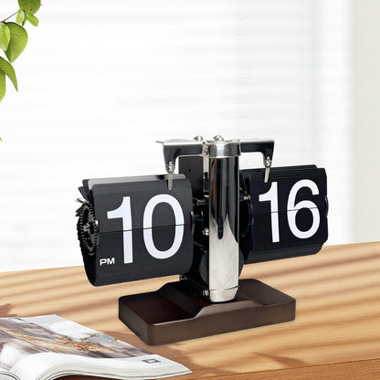 Auto Flip Clock Retro Table Clock Living Room Balance Mechanical Flip Clock with Walnut Square Base