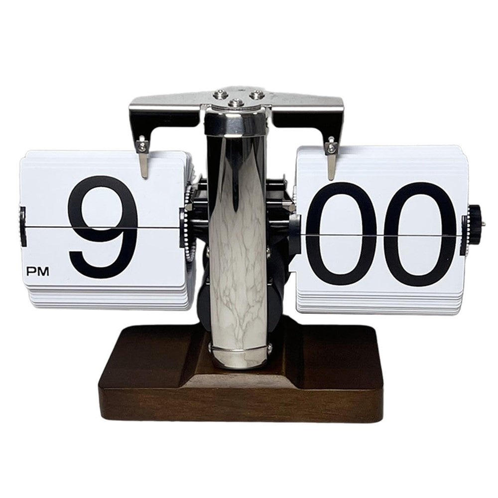 Auto Flip Clock Retro Table Clock Living Room Balance Mechanical Flip Clock with Walnut Square Base