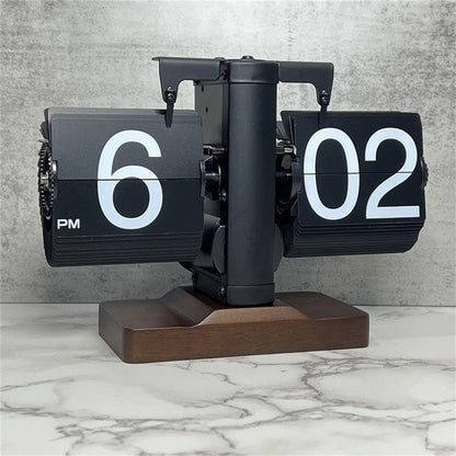 Automatic Flip Clock Retro Simple Home Table Clock Single Foot Stainless Steel Quartz Movement Flip Clock Walnut Square Base
