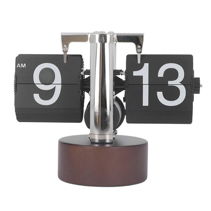Automatic Flip Clock Retro Simple Home Table Clock Single Foot Stainless Steel Quartz Movement Flip Clock Walnut Round Base