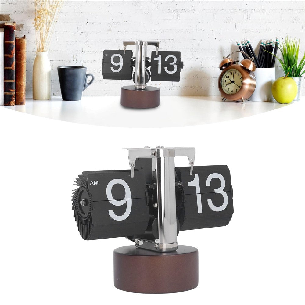 Automatic Flip Clock Retro Simple Home Table Clock Single Foot Stainless Steel Quartz Movement Flip Clock Walnut Round Base
