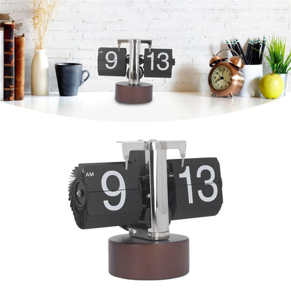 Automatic Flip Clock Retro Simple Home Table Clock Single Foot Stainless Steel Quartz Movement Flip Clock Walnut Round Base