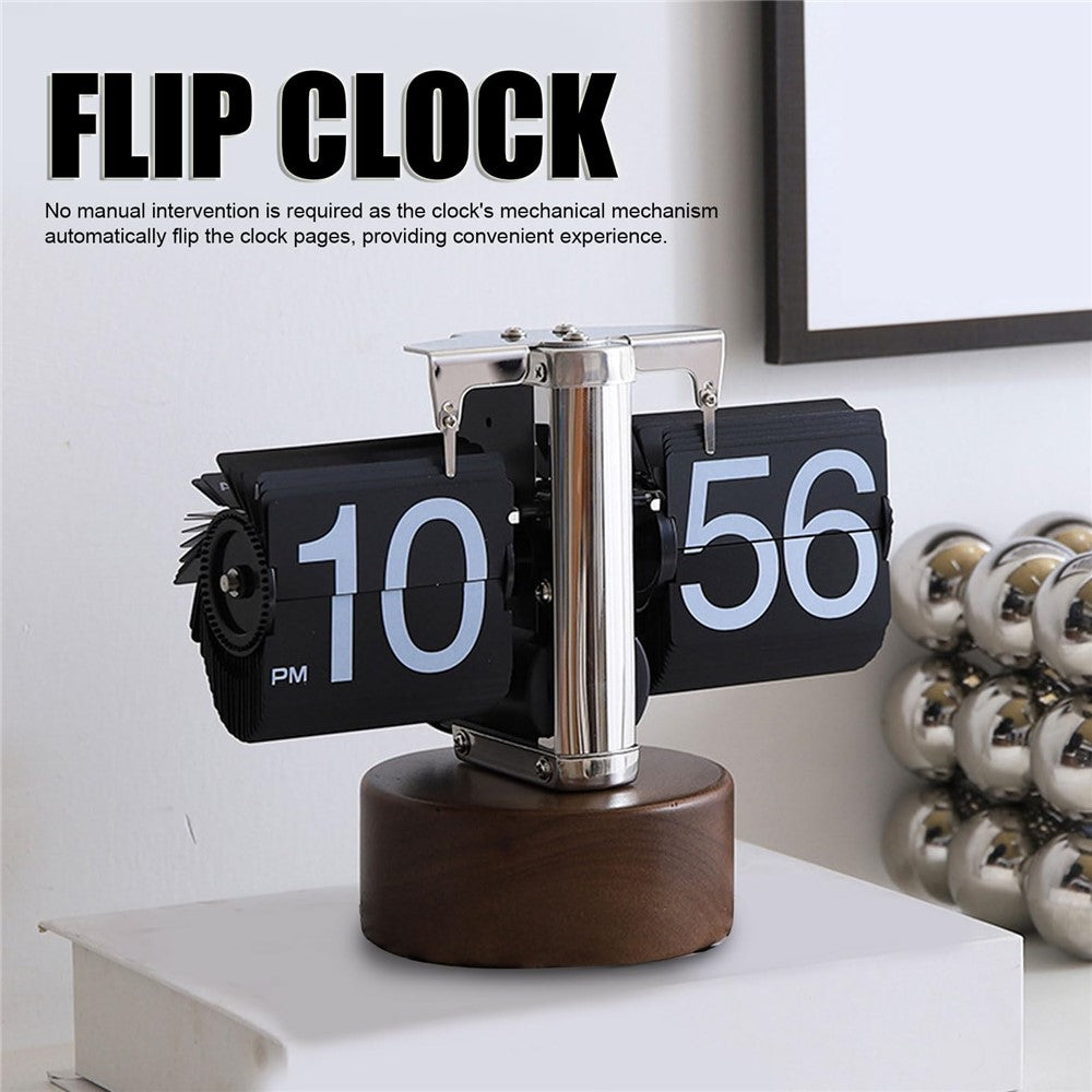 Automatic Flip Clock Retro Simple Home Table Clock Single Foot Stainless Steel Quartz Movement Flip Clock Walnut Round Base