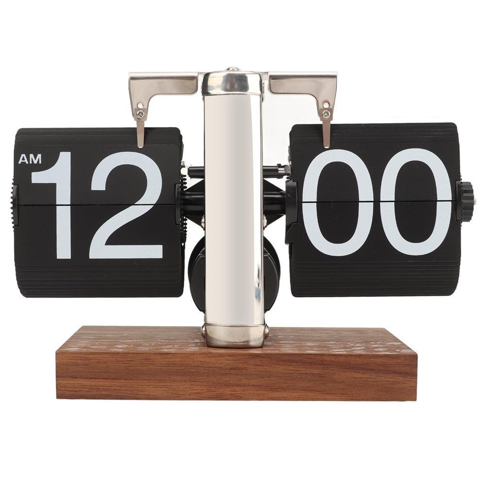 Automatic Flip Clock Retro Simple Desk Clock Single Foot Stainless Steel Quartz Movement Flip Clock Square Walnut Base