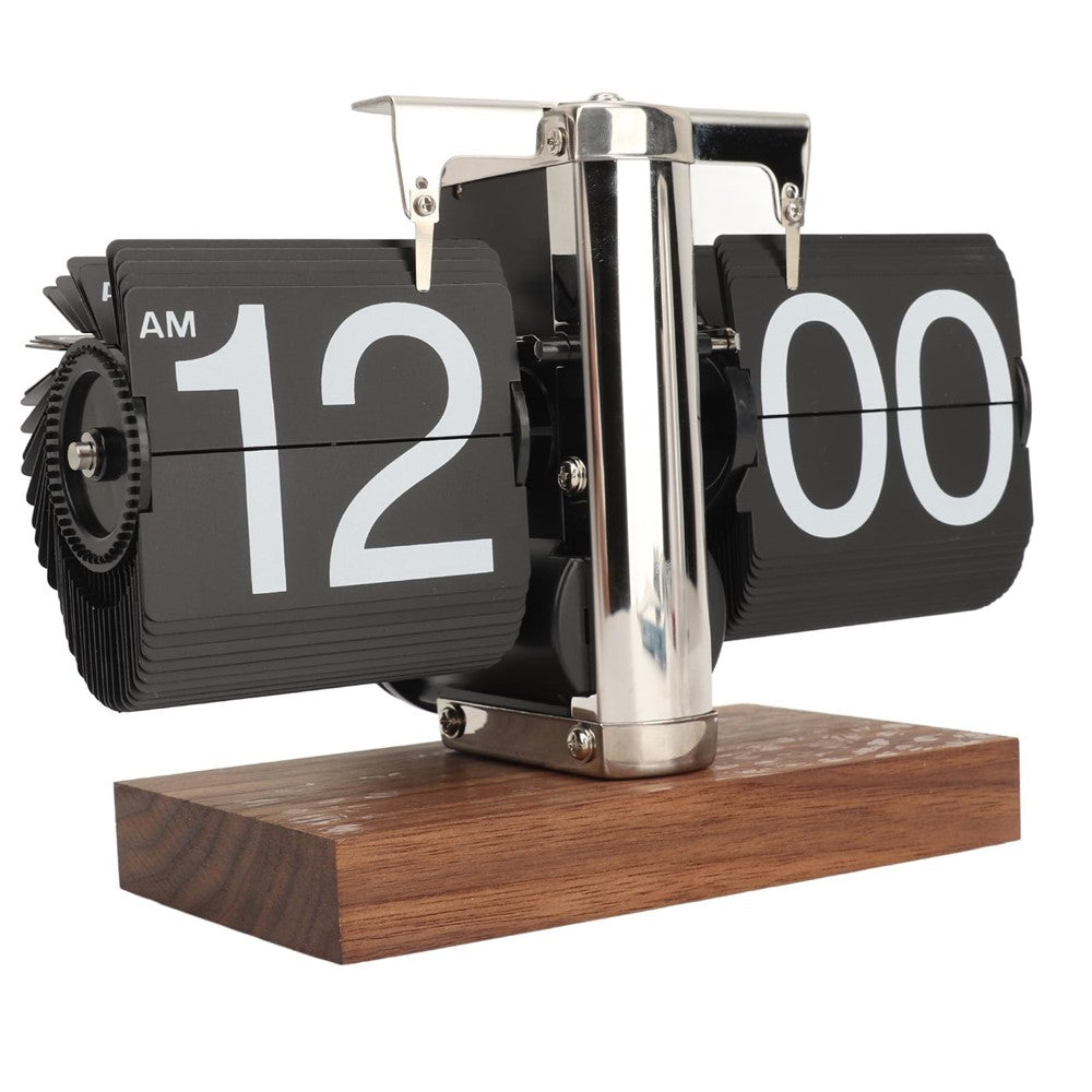 Automatic Flip Clock Retro Simple Desk Clock Single Foot Stainless Steel Quartz Movement Flip Clock Square Walnut Base
