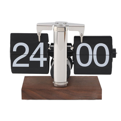 Automatic Flip Clock Retro Simple Desk Clock Single Foot Stainless Steel Quartz Movement Flip Clock Square Walnut Base