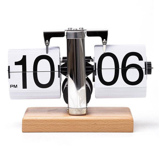Retro Auto Flip Clock Mechanical Balance Desk Clock with Beech Wood Square Base for Home