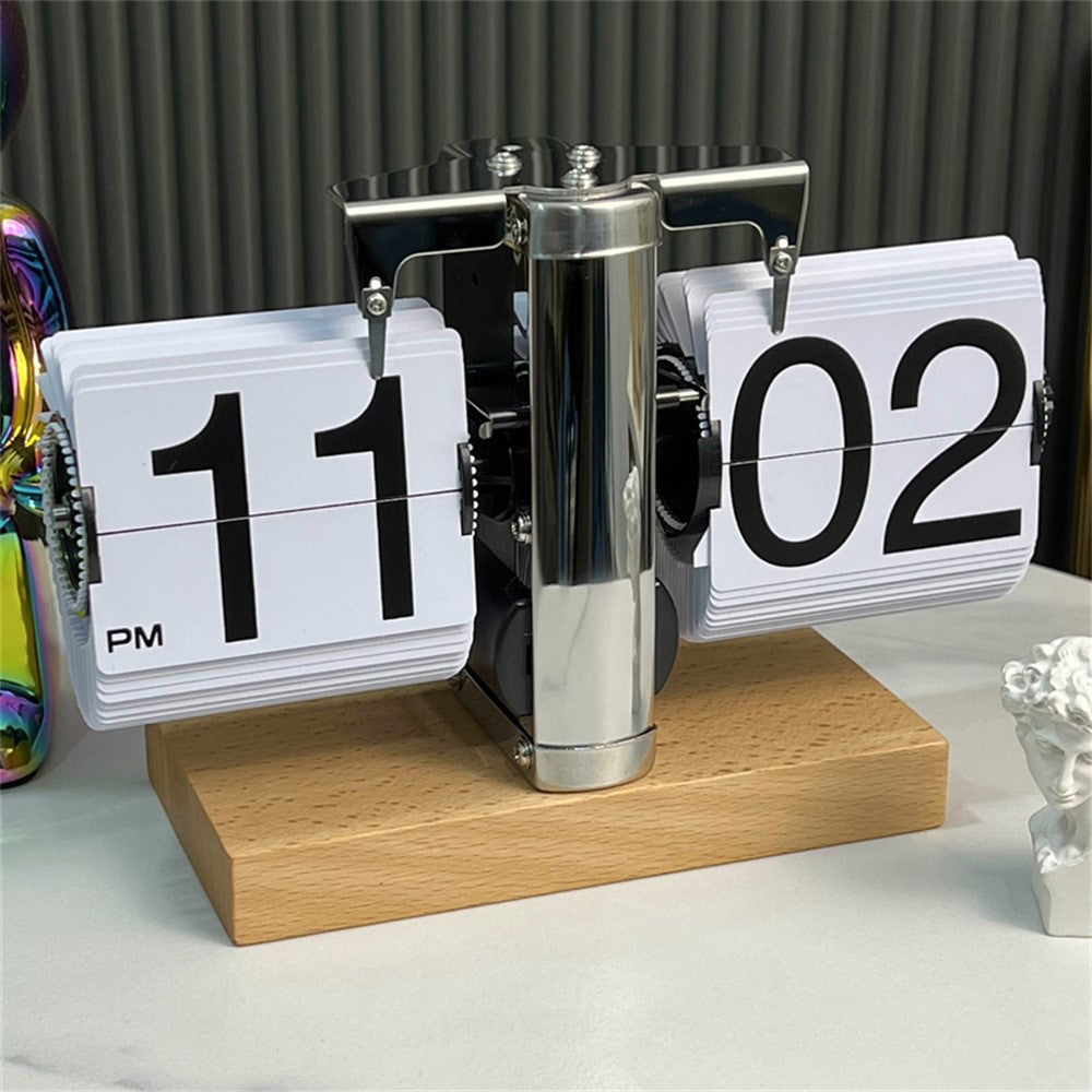 Retro Auto Flip Clock Mechanical Balance Desk Clock with Beech Wood Square Base for Home