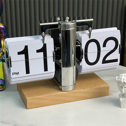 Retro Auto Flip Clock Mechanical Balance Desk Clock with Beech Wood Square Base for Home