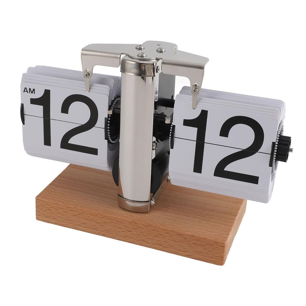 Retro Auto Flip Clock Mechanical Balance Desk Clock with Beech Wood Square Base for Home