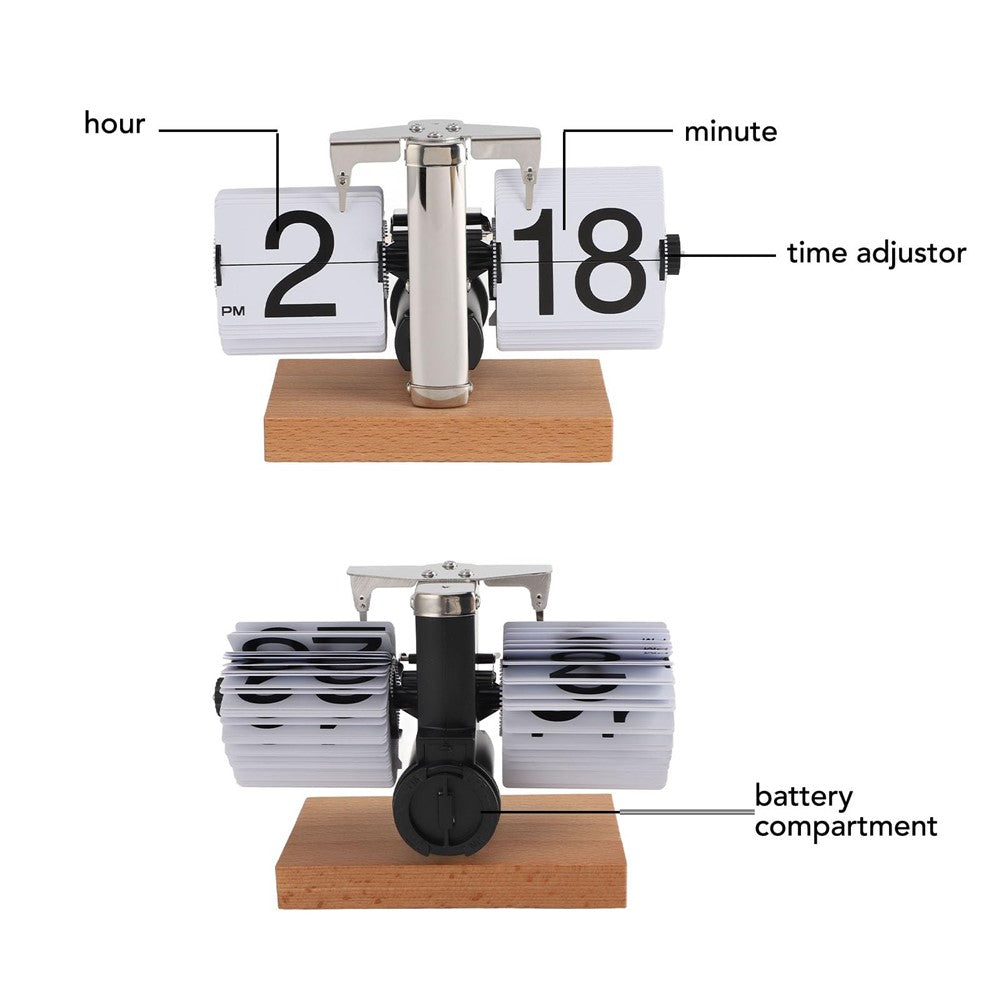 Retro Auto Flip Clock Mechanical Balance Desk Clock with Beech Wood Square Base for Home