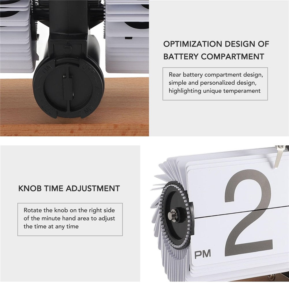 Retro Auto Flip Clock Mechanical Balance Desk Clock with Beech Wood Square Base for Home