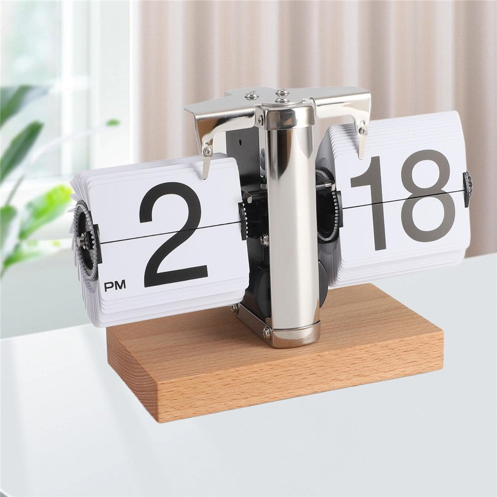 Retro Auto Flip Clock Mechanical Balance Desk Clock with Beech Wood Square Base for Home