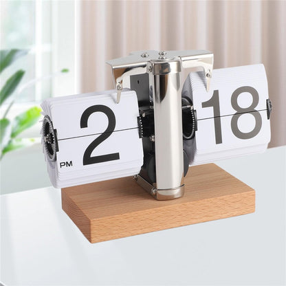 Retro Auto Flip Clock Mechanical Balance Desk Clock with Beech Wood Square Base for Home