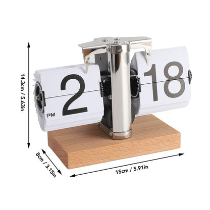 Retro Auto Flip Clock Mechanical Balance Desk Clock with Beech Wood Square Base for Home