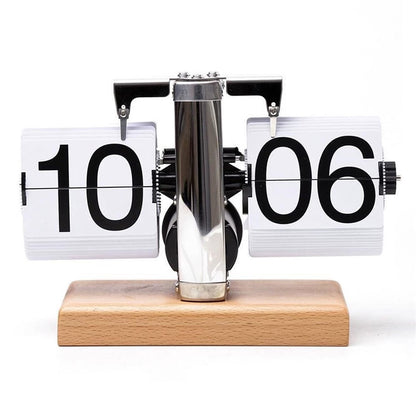 Retro Auto Flip Clock Mechanical Balance Desk Clock with Beech Wood Square Base for Home