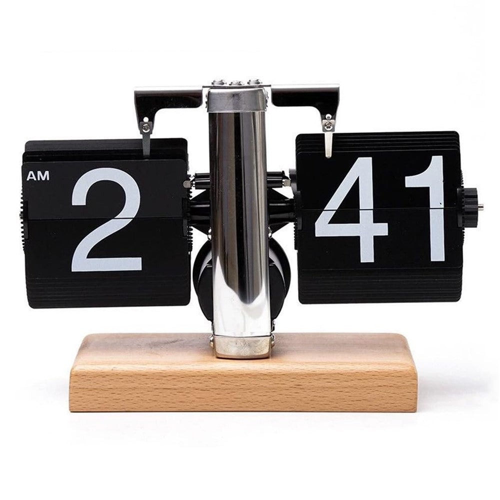 Retro Auto Flip Clock Mechanical Balance Desk Clock with Beech Wood Square Base for Home