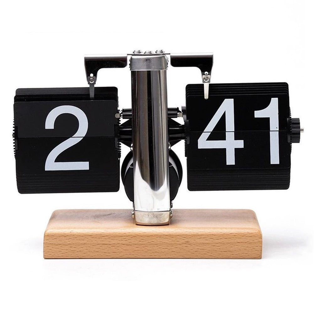 Retro Auto Flip Clock Mechanical Balance Desk Clock with Beech Wood Square Base for Home