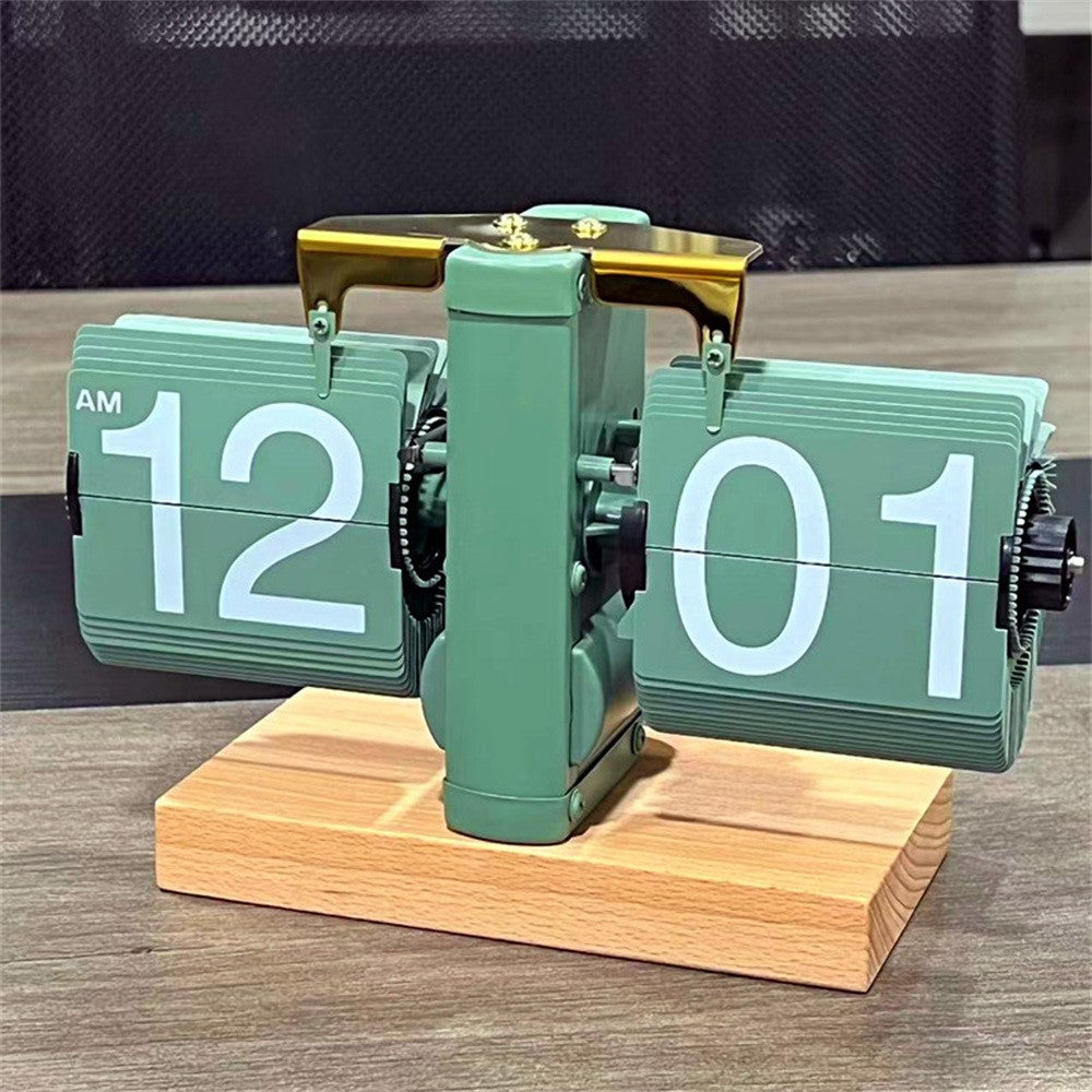 Automatic Flip Clock Retro Simple Home Table Clock Single Foot Stainless Steel Quartz Movement Flip Clock Square Flat Bottom Beech Wood
