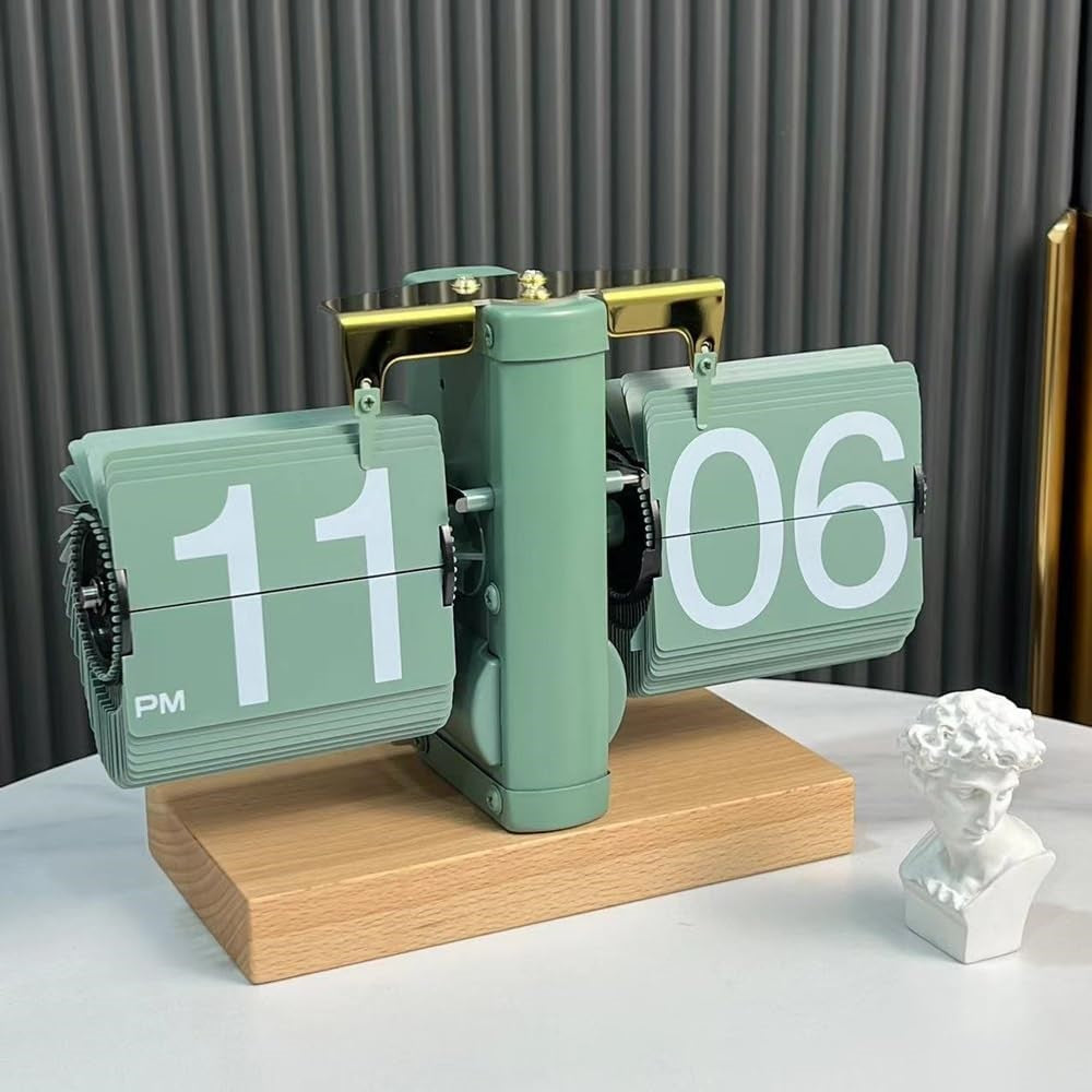 Automatic Flip Clock Retro Simple Home Table Clock Single Foot Stainless Steel Quartz Movement Flip Clock Square Flat Bottom Beech Wood