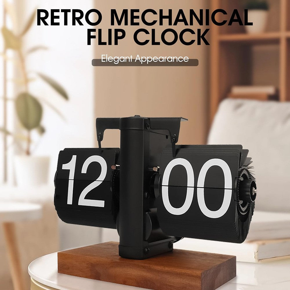 Automatic Flip Clock Retro Home Table Clock Single Foot Stainless Steel Quartz Movement Flip Clock Square Wooden Base