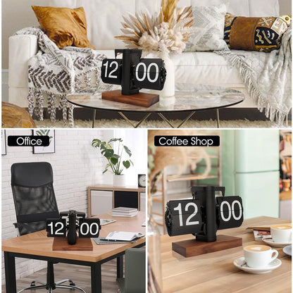 Automatic Flip Clock Retro Home Table Clock Single Foot Stainless Steel Quartz Movement Flip Clock Square Wooden Base