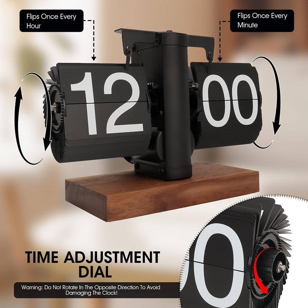 Automatic Flip Clock Retro Home Table Clock Single Foot Stainless Steel Quartz Movement Flip Clock Square Wooden Base