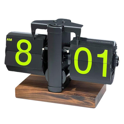 Automatic Flip Clock Retro Home Table Clock Single Foot Stainless Steel Quartz Movement Flip Clock Square Wooden Base