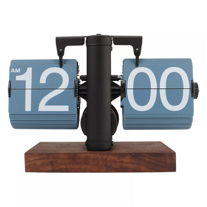 Automatic Flip Clock Retro Home Table Clock Single Foot Stainless Steel Quartz Movement Flip Clock Square Wooden Base