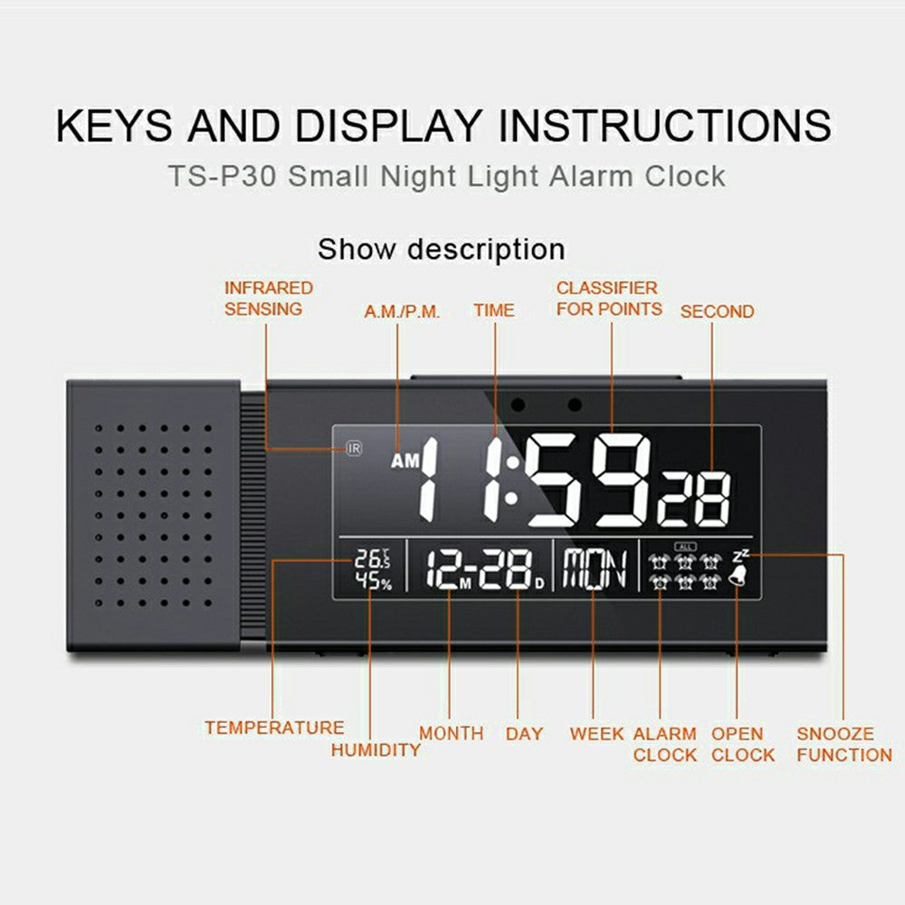 TS-P30 Creative Radio Alarm Clock with Color Alert Digital Display Sound Light IR Motion Sensor 7 Color Night Light