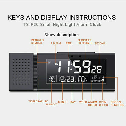 TS-P30 Creative Radio Alarm Clock with Color Alert Digital Display Sound Light IR Motion Sensor 7 Color Night Light