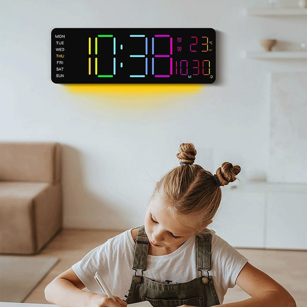 6678R Minimalist RGB Night Light Wall Clock Multi-Function Time Temperature Date Digital Display Clock