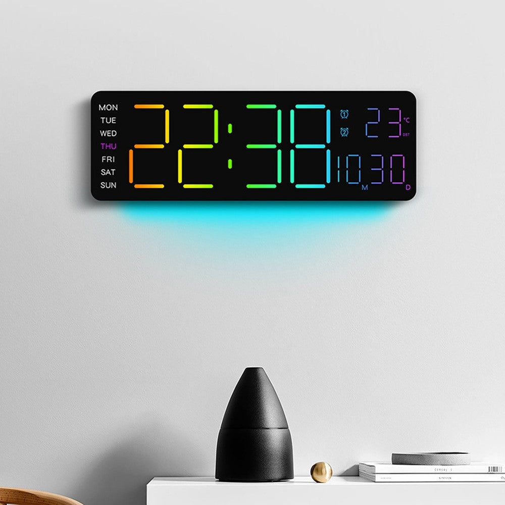 6678R Minimalist RGB Night Light Wall Clock Multi-Function Time Temperature Date Digital Display Clock