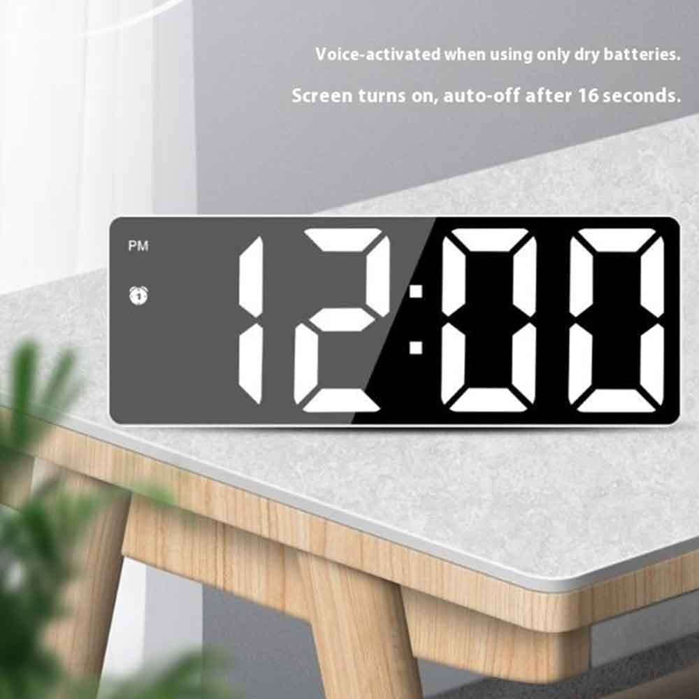 LED Digital Alarm Clock for Students Mirror Surface Desktop Clock with Voice Control Function