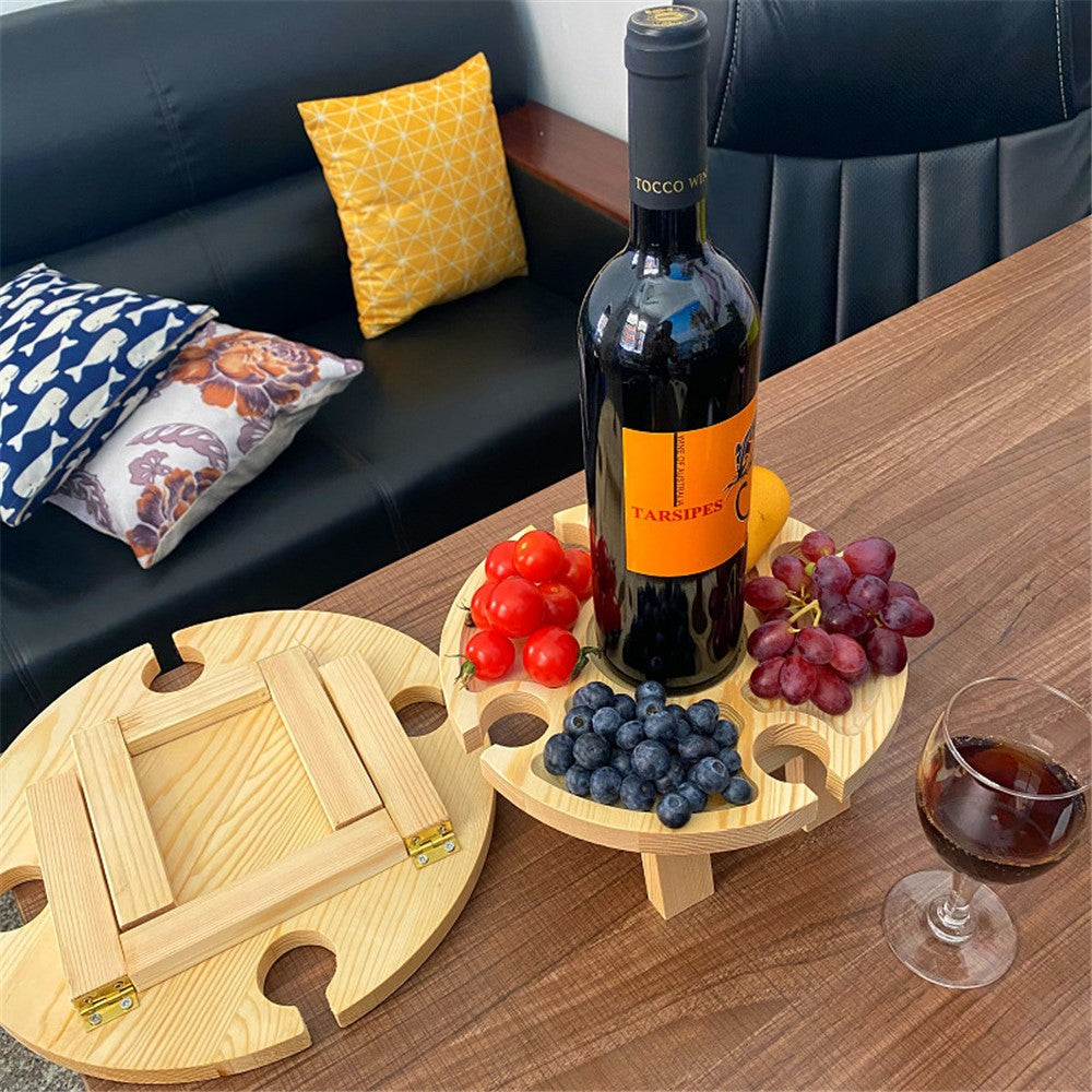 Outdoor Wine Picnic Table 30x16cm Folding Portable Wooden Snack and Cheese Tray with 4 Wine Glasses Holder