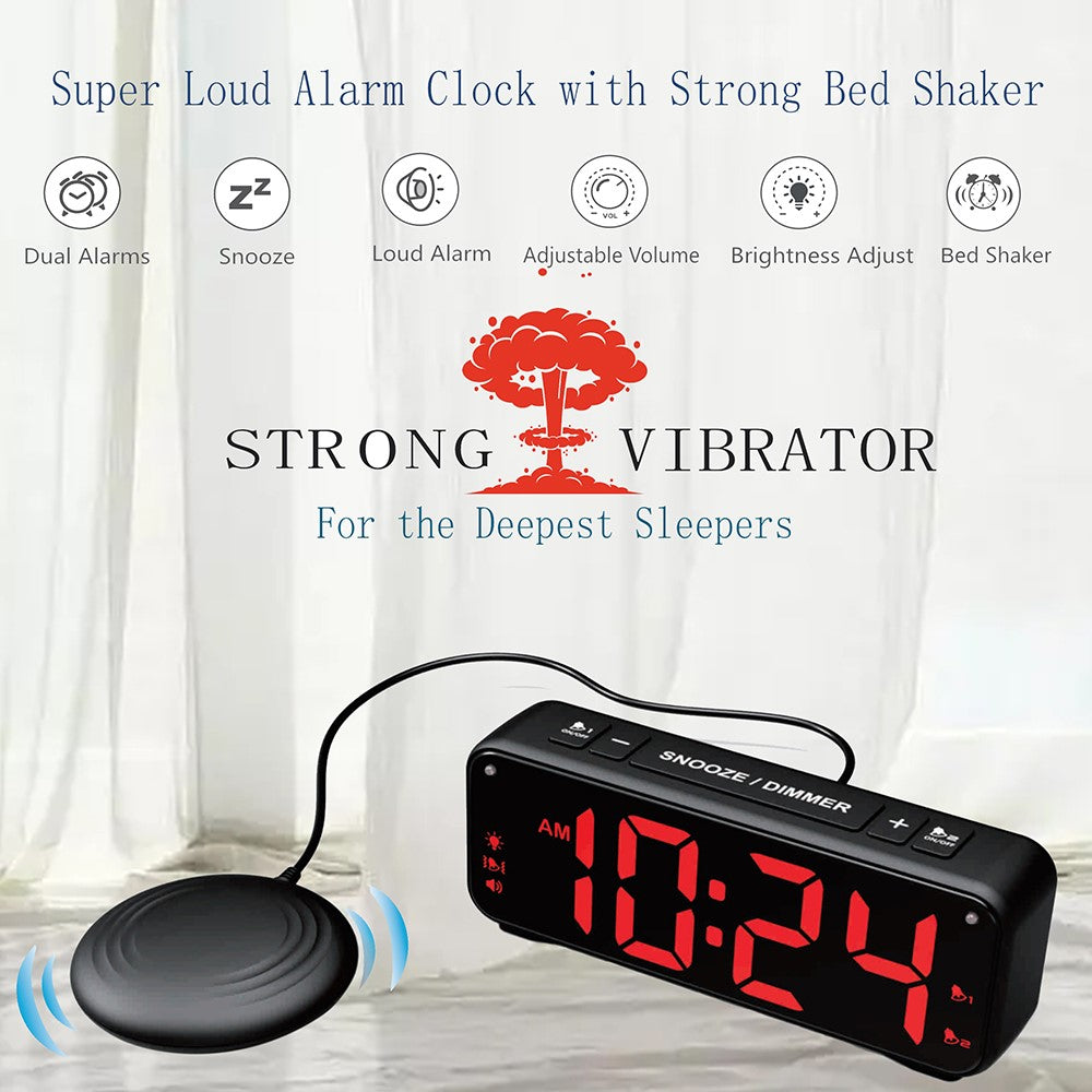 F1089 Loud Vibrating USB Alarm Clock 6.5'' LED Display Screen Bedroom Clock with Snooze Function for Students Elderly Senior Men Women