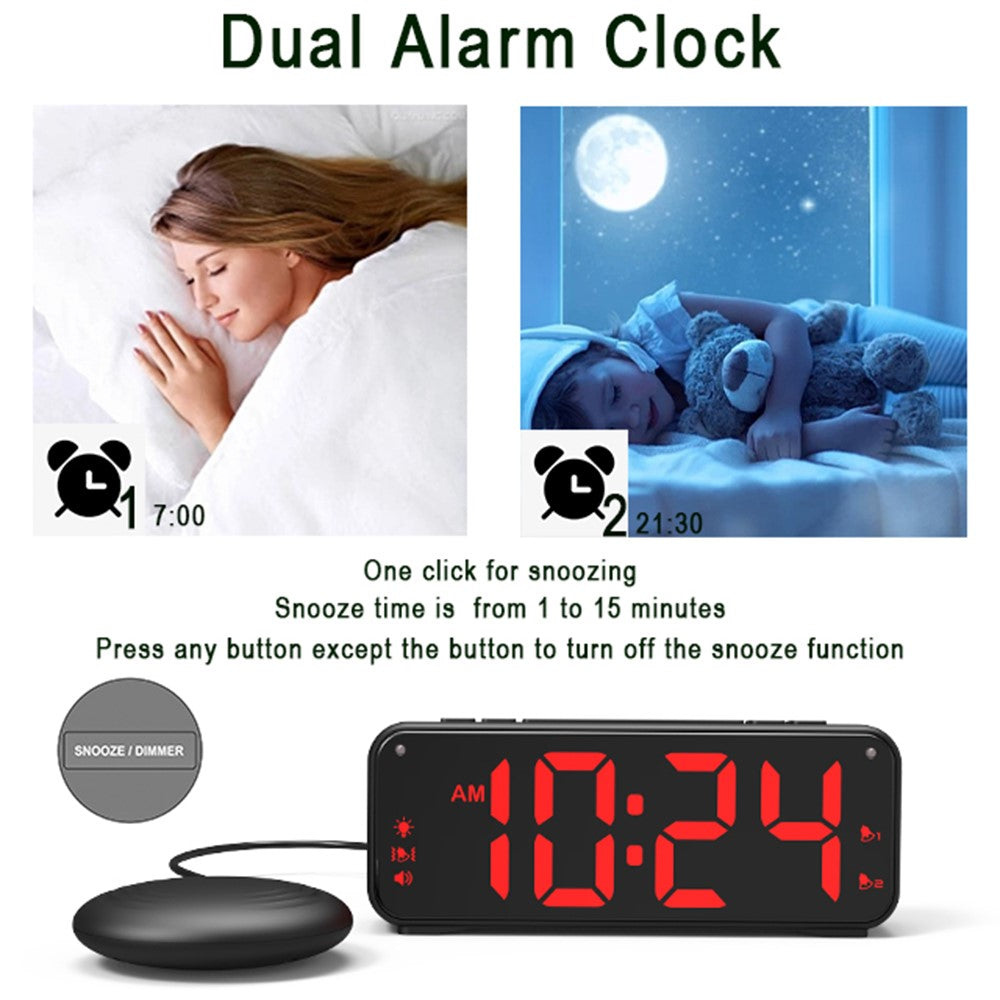 F1089 Loud Vibrating USB Alarm Clock 6.5'' LED Display Screen Bedroom Clock with Snooze Function for Students Elderly Senior Men Women