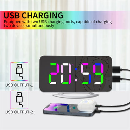 TS-8201 LED RGB Light Alarm Clock Mirror Surface Desktop Wall Hanging Clock with Dual USB Ports